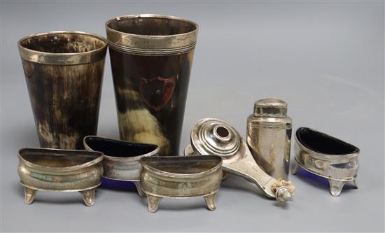 A set of four Edwardian silver salts, London, 1904, two silver mounted horn beakers (both a.f.)etc.